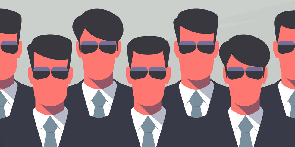43680936 - group of bodyguards in dark suits and dark glasses. secret service agents. protection concept. retro style illustration.