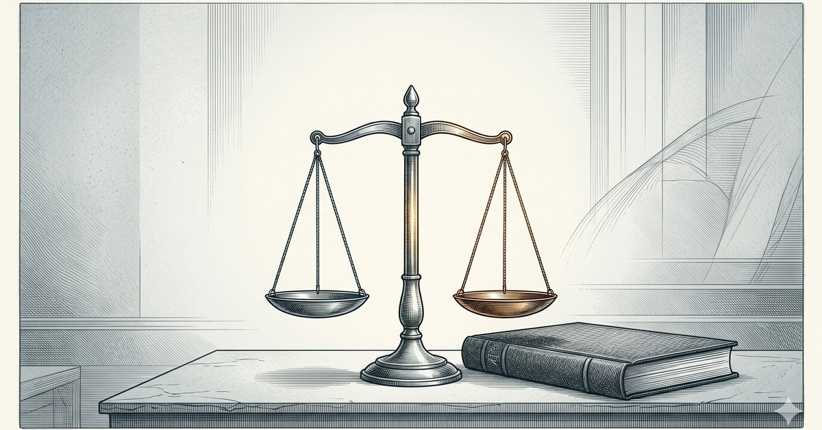 AI 生成蝕刻版畫：畫面中央一座古典正義天平，在沉靜冷光中終於回到水平的平衡，旁邊一本厚重的卷宗剛剛被靜靜闔上，象徵一樁漫長而沉重的案件走到結局與了結，肅穆而帶著靜默的尊嚴