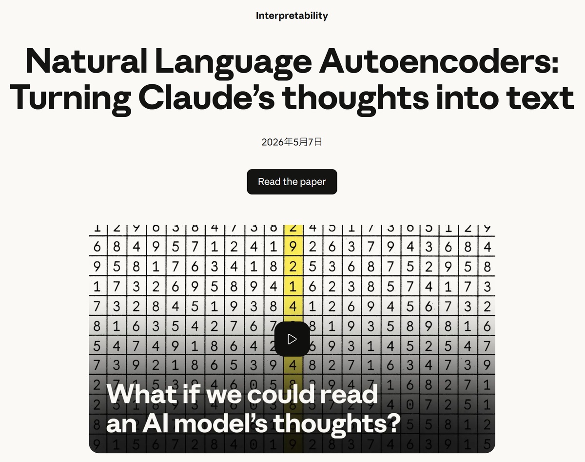 Anthropic 的 Natural Language Autoencoders 研究頁面截圖，標題是 Turning Claude's thoughts into text