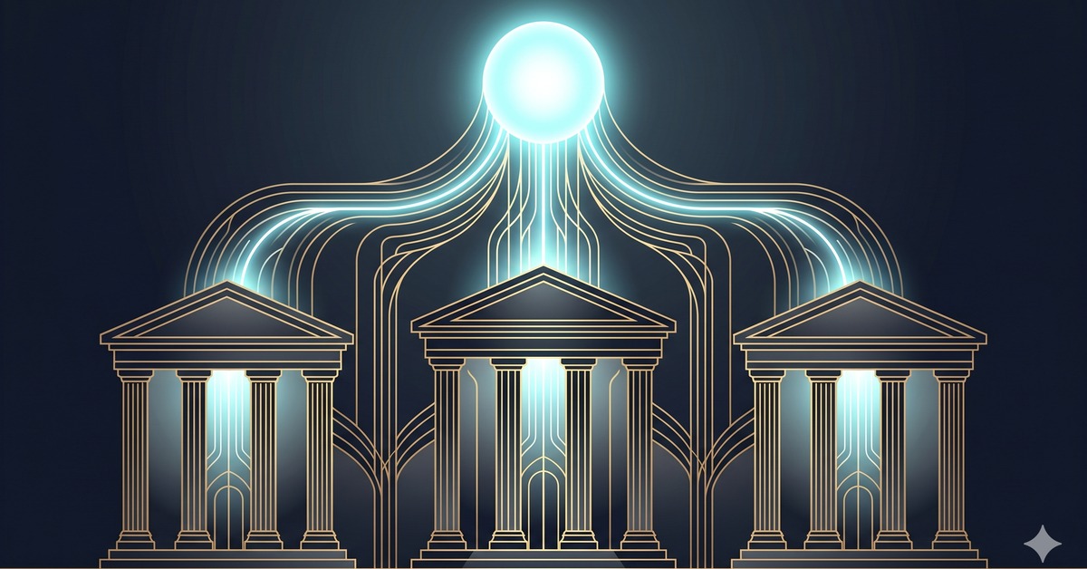 AI 生成 Art Deco 幾何風插畫：三座莊重的列柱銀行高塔並排在下方，上方中央一顆發著青白光的能量球體，光束從球體流下、分別注入三座銀行高塔，象徵三家傳統大銀行取得一個強大的新 AI 核心