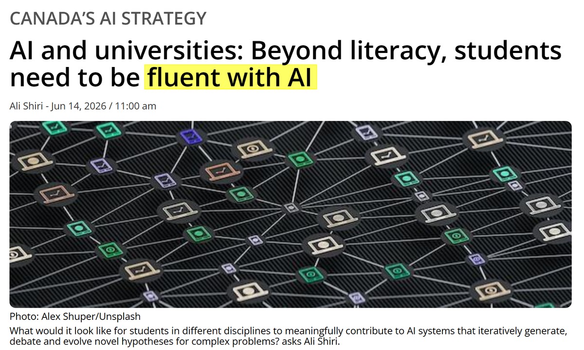 加拿大 AI 策略報導螢幕截圖，標題寫『AI 與大學：超越識讀，學生需要能流暢使用 AI』，下方是 AI 節點互相連結的網路示意圖