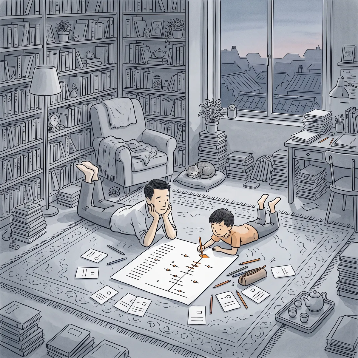 水彩插畫：黃昏的書房裡，爸爸和兒子趴在地毯上，兒子用橘色鉛筆在一張森林圖底部畫上菱形，周圍散落著只畫了一條線的小卡片。（AI 生成）